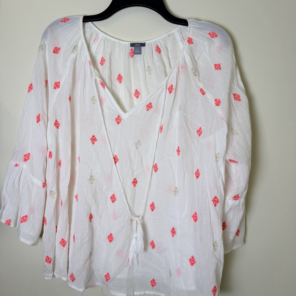 aerie White Sheer Peasant Top 3/4 Bell Sleeve Cotton Size Large Boho Whimsical